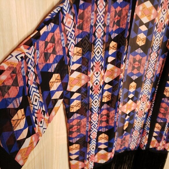 Peck & Peck Womens Fringe Aztec Silky Kimono Medium - Picture 3 of 6
